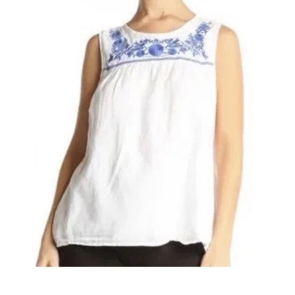 Women's Sleeveless J Crew White With Blue Embroidery Floral Shell Tank Cotton 6